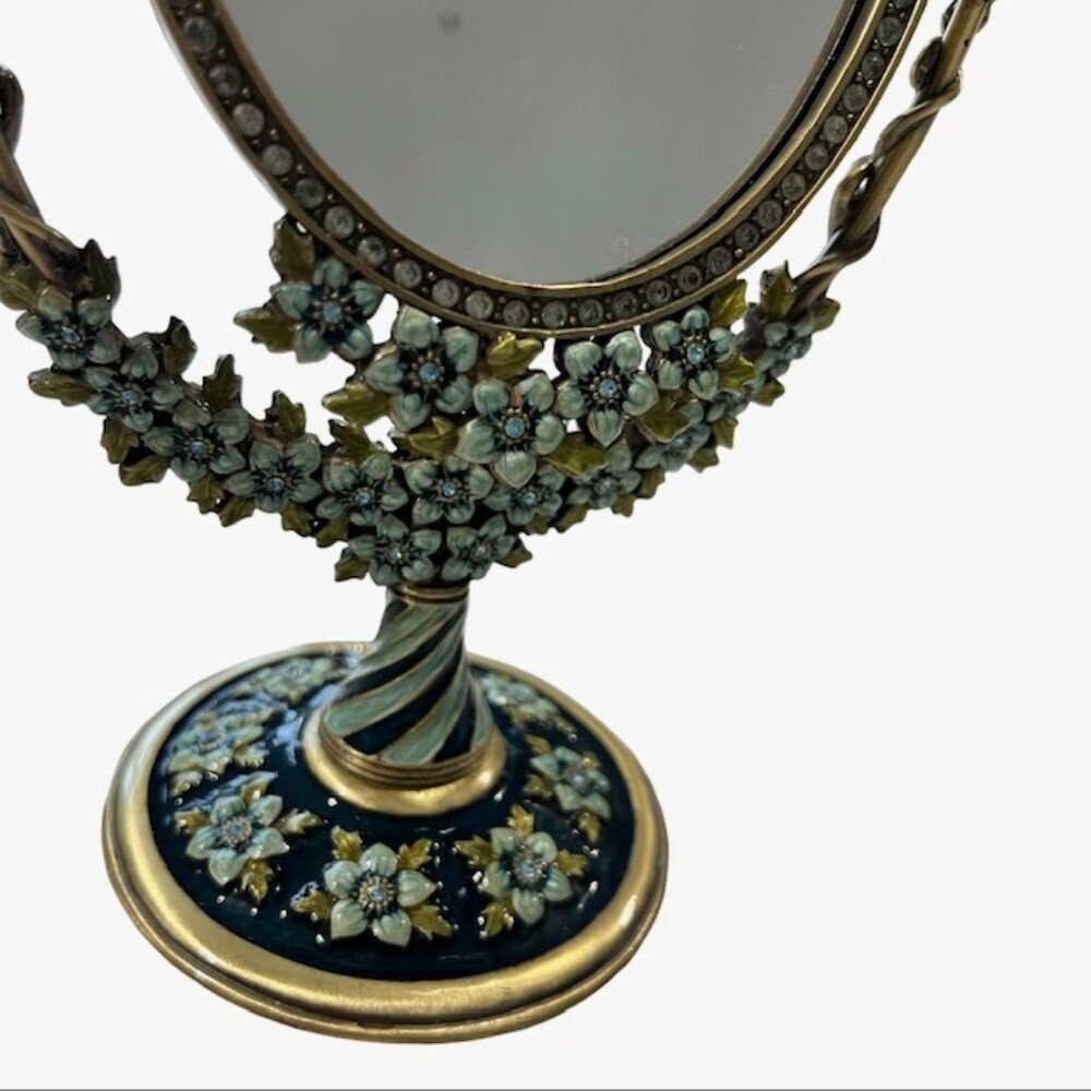 Vintage Brass Oval Vanity Makeup Desk Mirror, Enameled Metal Jeweled Tabletop - Picture 4 of 14